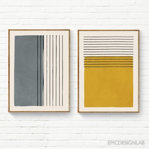 Lot de 2 oeuvres d'art murales gris moutarde minimalistes : impression originale sur toile ou papier