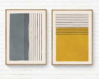 Conjunto de 2 quadros minimalistas em tons de mostarda e cinza: impressão original em tela ou papel.