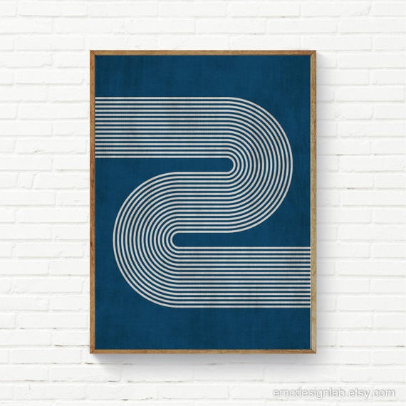 Navy & Beige Minimalist Retro Lines Print, Modern Minimalism Wall Art, Navy Blue Beige Wall Art