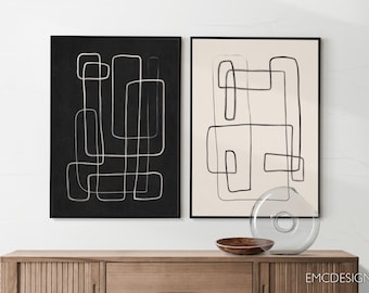 Minimalist Abstract Line Art Print, Black & Beige Modern Wall Decor