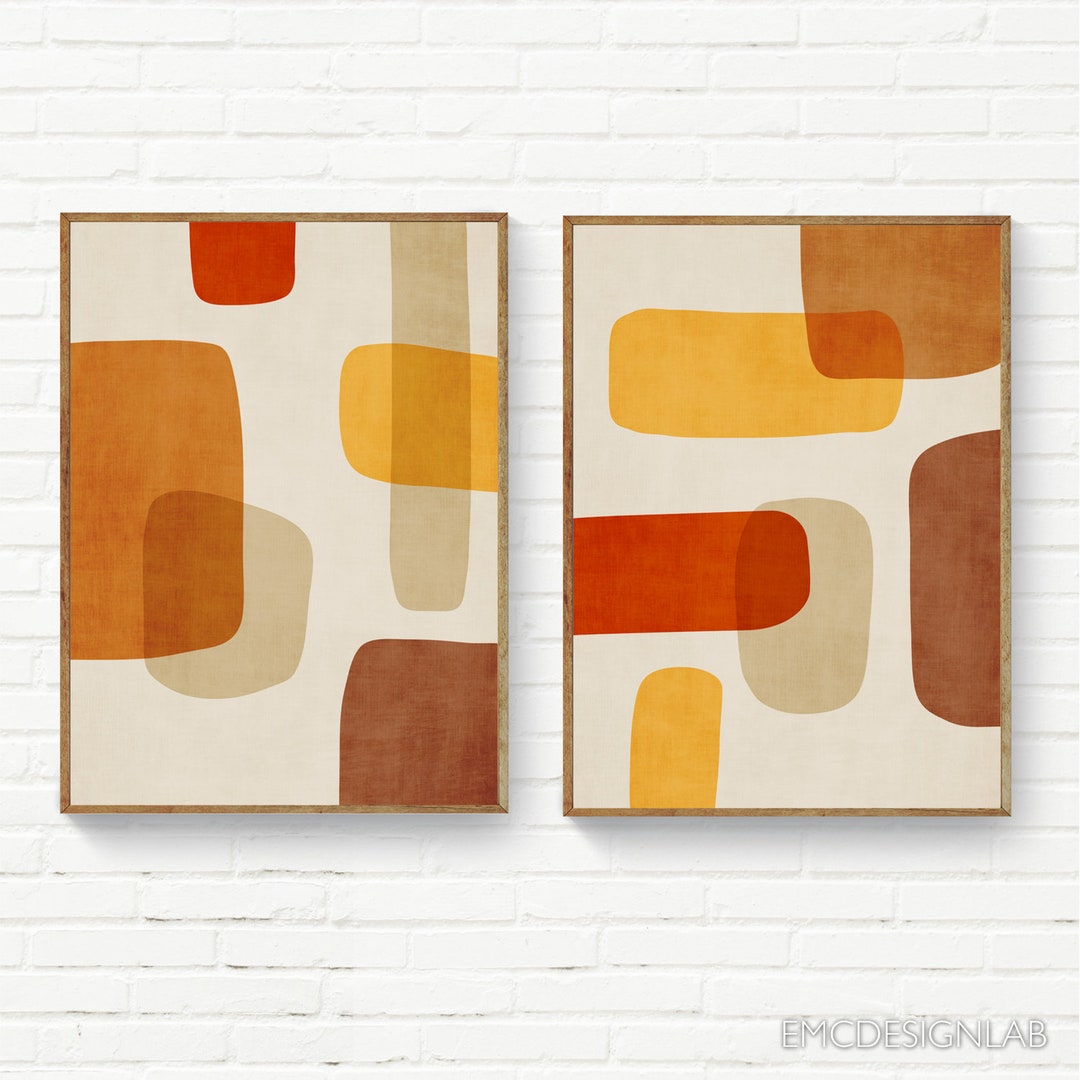 Brown Yellow Burnt Orange Abstract Wall Art Set of 2 Prints Simple ...
