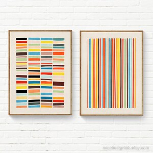 Conjunto de Arte Moderna com Cores Vibrantes e Brilhantes, Conjunto de 2 Impressões de Arte com Linhas Coloridas e Listras Modernas, Arte de Parede Minimalista Multicolorida para Quarto de Bebê