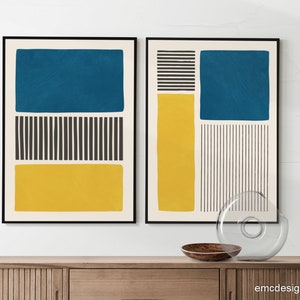 Yellow & Blue Set of 2 Prints, Original Color Block Bold Black Lines ...