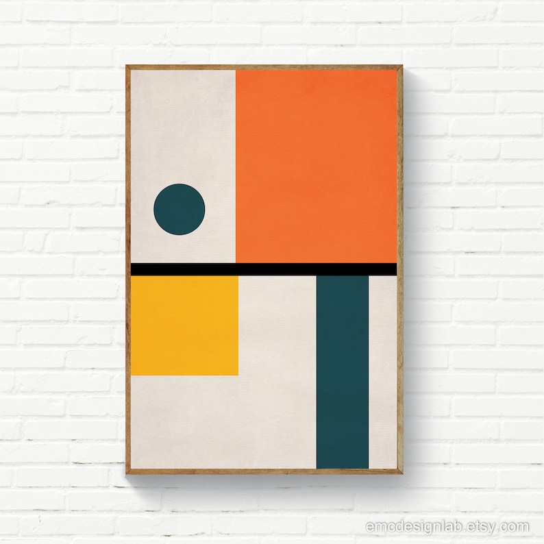 Geometric Abstract Art Print, Bauhaus Style Wall Art, Yellow Teal ...