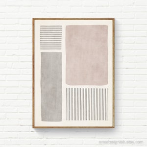 Pode incluir: Impress&atilde;o de arte geom&eacute;trica abstrata com um esquema de cores rosa, cinza e preto. A impress&atilde;o apresenta um ret&acirc;ngulo rosa grande, um ret&acirc;ngulo cinza menor e uma s&eacute;rie de linhas pretas.