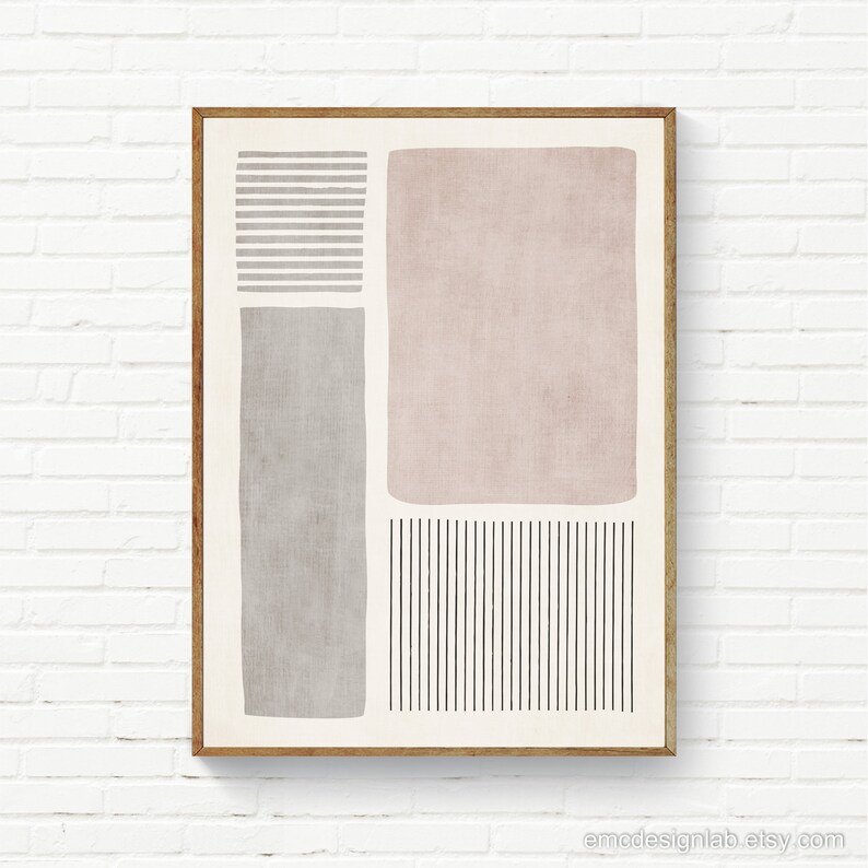 Pode incluir: Impress&atilde;o de arte geom&eacute;trica abstrata com um esquema de cores rosa, cinza e preto. A impress&atilde;o apresenta um ret&acirc;ngulo rosa grande, um ret&acirc;ngulo cinza menor e uma s&eacute;rie de linhas pretas.