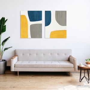 Yellow & Blue Abstract Wall Art Set 2 Prints / Gray Navy Mustard ...