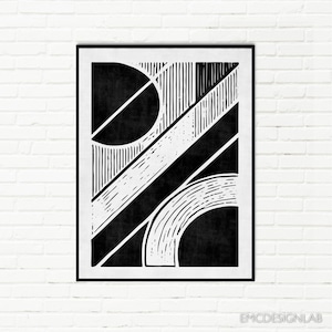 Black & White Geometric Abstract Art Print Digital Woodcut Linocut Original Art