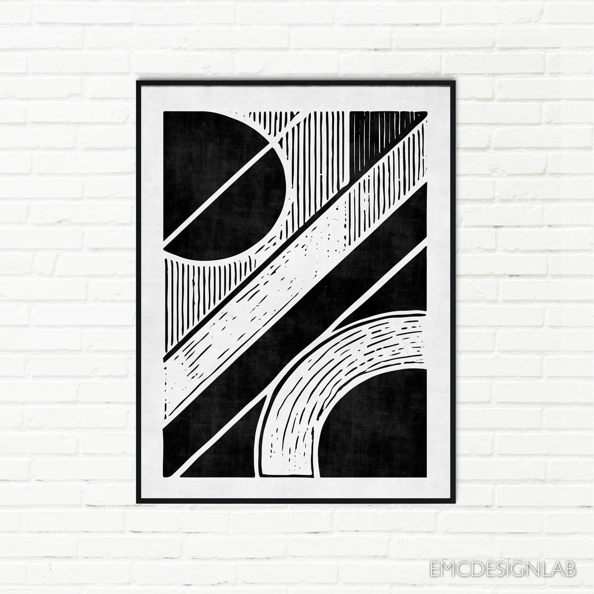 Black & White Geometric Abstract Art Print Digital Woodcut Linocut
