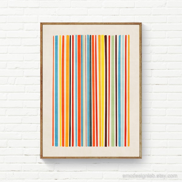 Colorful Thin Lines Abstract Modern Artwork / Simple MInimal Unique Wall Art Vibrant Rich Colors Off-White Background