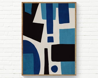 Abstract Original Art, Blue Black Beige Wall Art, Mid-Century Modern Wall Art, Office Prints, Mid-Century Original Living Room Prints