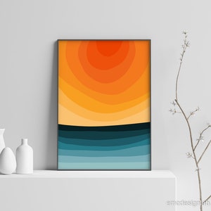 Bright Colors Abstract Minimalist Sunset Landscape, Minimal Vibrant Colors Wall Art, Orange Teal Red Blue Yellow image 2