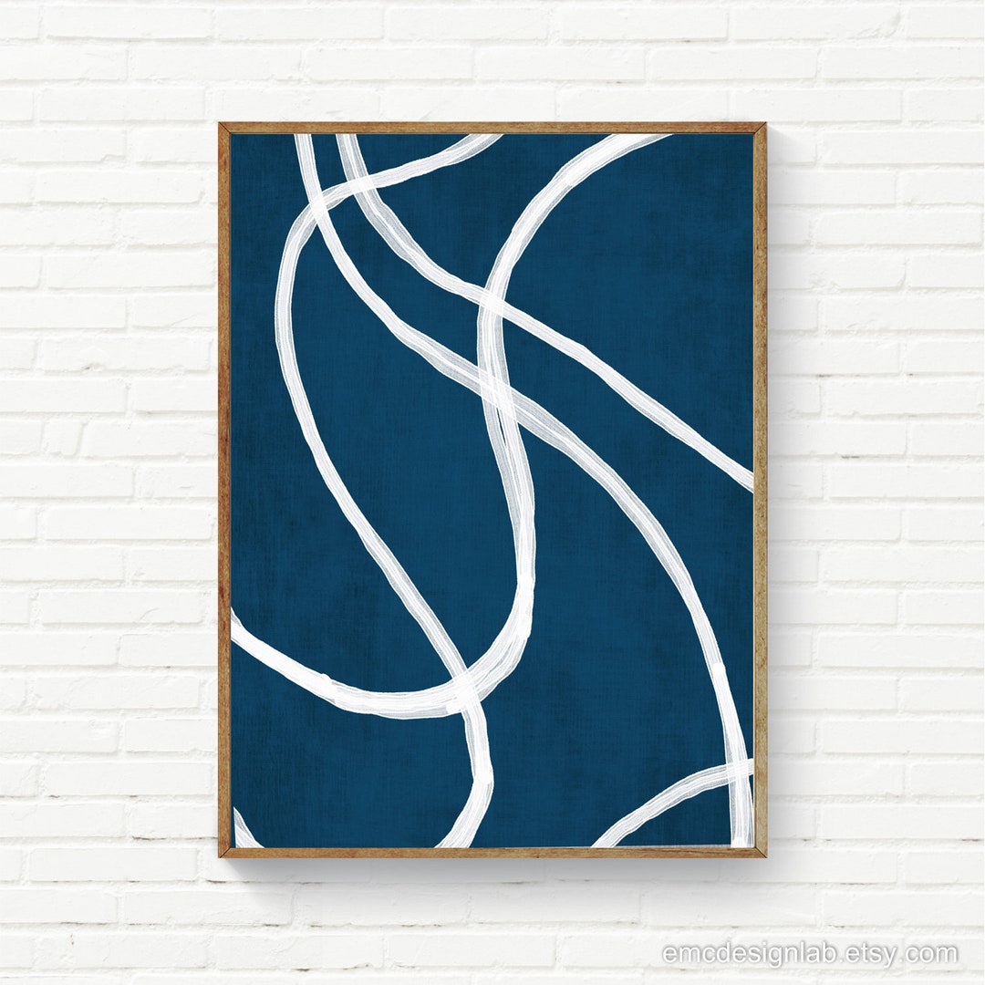 Minimalist Blue White Line Art, Nautical Wall Art, Navy White Digital