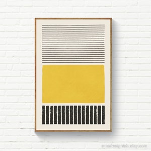 Mustard Abstract Poster, Yellow Stripes Wall Art, Digital Painting, Minimalist Decor Lines Stripes Black White, Saffron Trendy Print