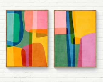 Colorful Vibrant Wall Art Set of 2 Abstract Rounded Shapes Print Set Yellow Green Pink Bright Colors Original Nursery Playful Wall Art Set
