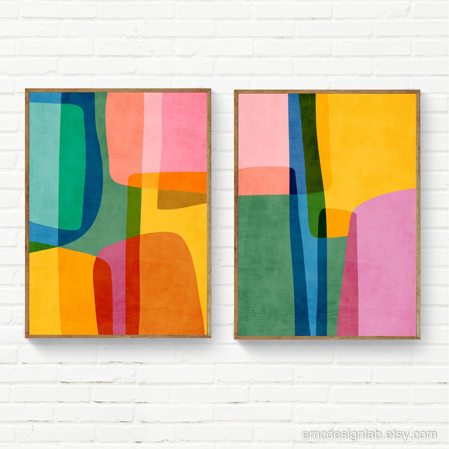 Colorful Vibrant Wall Art Set of 2 Abstract Rounded Shapes Print