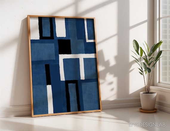 Navy Blue White Black Abstract Minimalism Wall Art, Original Digital Painting, Minimalist Office Prints