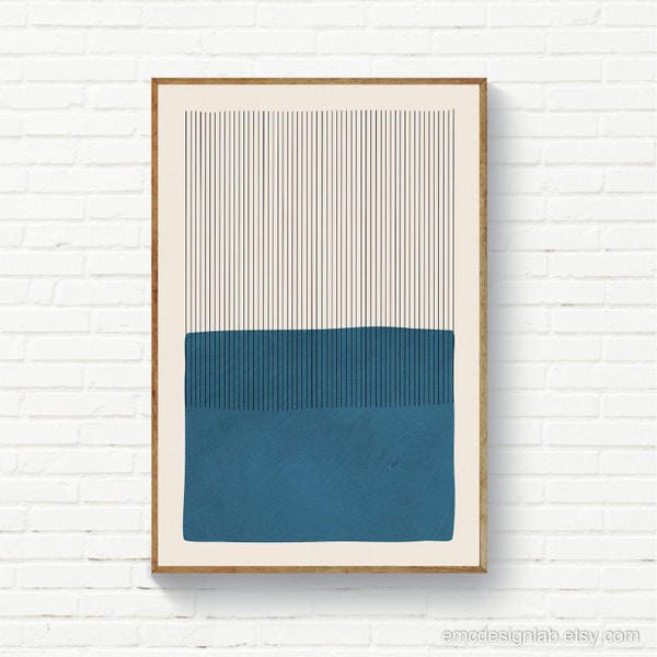 Minimalist Blue Color Block Wall Art, Minimalist Black Vertical Lines Wall Art, Modern Minimalism, Original Office Art