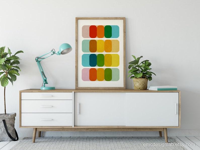 Abstract Mid Century Print Minimalist Modern Wall Art Abstract Geometric Artwork, Blue Red Orange Yellow Print image 2