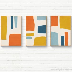 Original Abstract Wall Art / Set of 3 Prints / Set of 3  Kitchen Art / MidCentury Modern Print Set / Orange Yellow Light Blue /