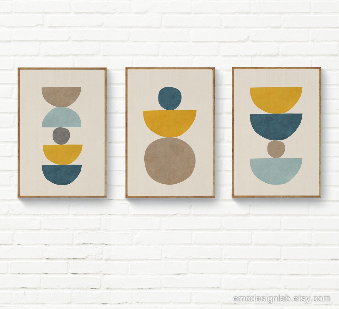 Set of 3 Wall Art Prints in Mustard Navy & Beige, Half Moon, Semi ...