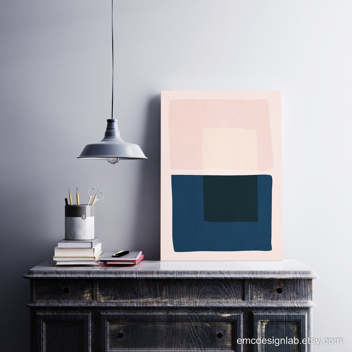 Pink & Navy Wall Art Original Print Blush Blue Midcentury Etsy