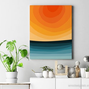 Bright Colors Abstract Minimalist Sunset Landscape, Minimal Vibrant Colors Wall Art, Orange Teal Red Blue Yellow image 8