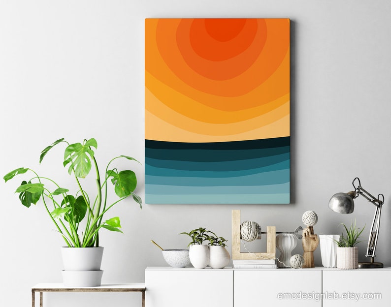 Bright Colors Abstract Minimalist Sunset Landscape, Minimal Vibrant Colors Wall Art, Orange Teal Red Blue Yellow image 8