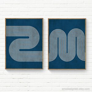 Imprimé lignes rétro minimalistes bleu marine et beige, art mural minimalisme moderne, art mural beige bleu marine image 9