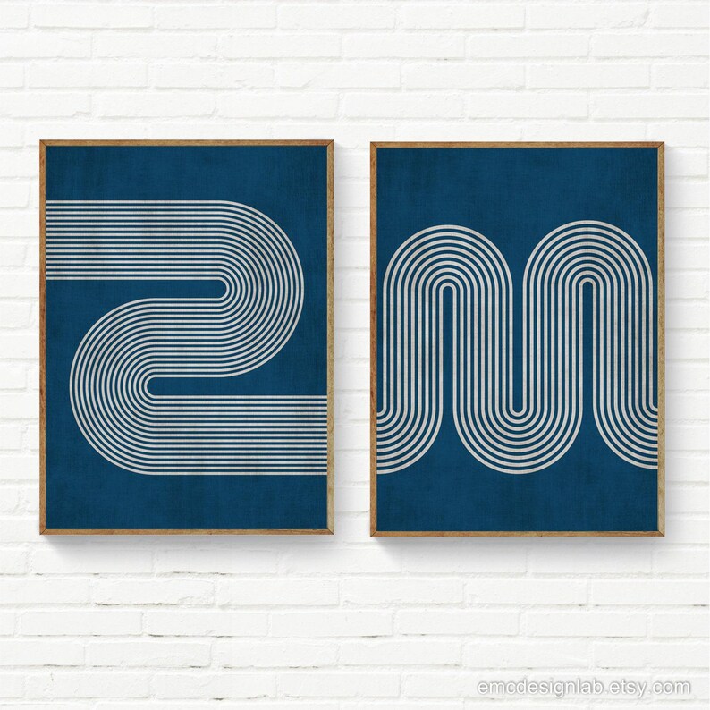 Imprimé lignes rétro minimalistes bleu marine et beige, art mural minimalisme moderne, art mural beige bleu marine image 9