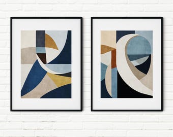 Abstrakte moderne fließende Linien Kunst-Set: Marineblau-Beige-Zeitgenössische Innendekoration