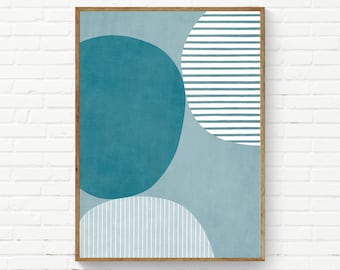 Teal White Lines Abstract Modern Artwork Minimalist Canvas Print Original Art