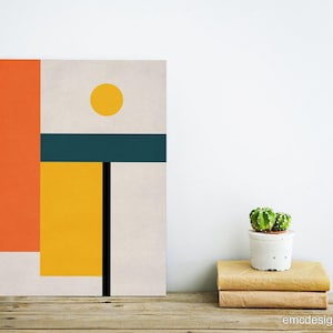 Obra de arte abstracta geométrica, impresión estilo Bauhaus, arte mural de mediados de siglo en tonos naranja, amarillo y verde azulado. imagen 4