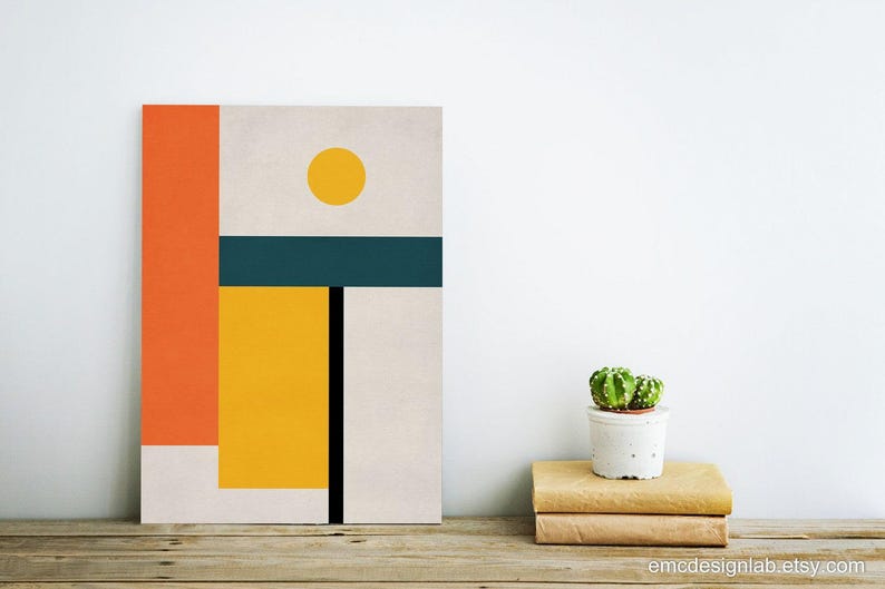 Obra de arte abstracta geométrica, impresión estilo Bauhaus, arte mural de mediados de siglo en tonos naranja, amarillo y verde azulado. imagen 4