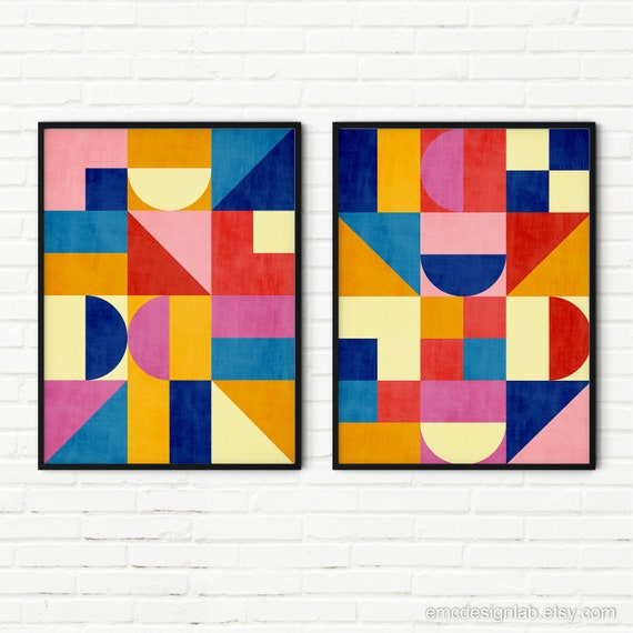 Geometric Wall Art Set of 2 Colorful Prints Bright Colors Vibrant