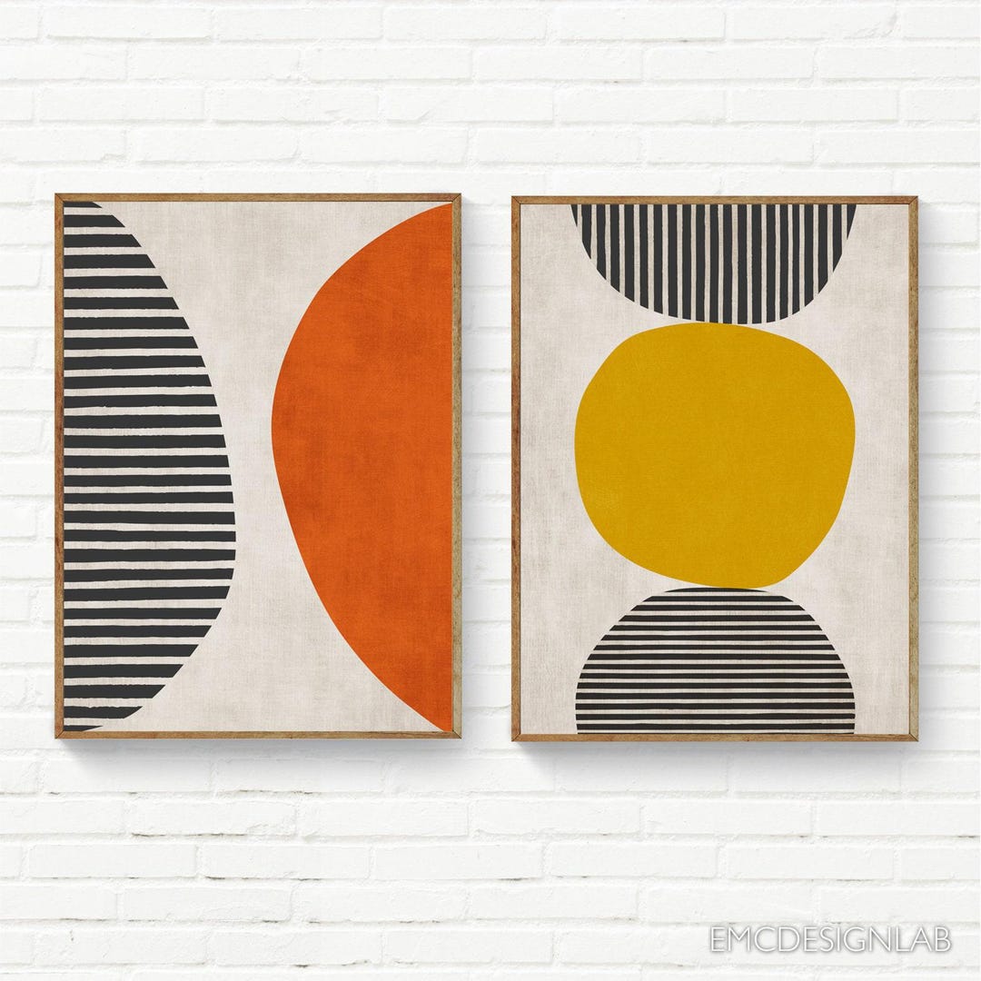 Set of 2 Orange Yellow Black Bold Wall Art, Black White Lines Print ...