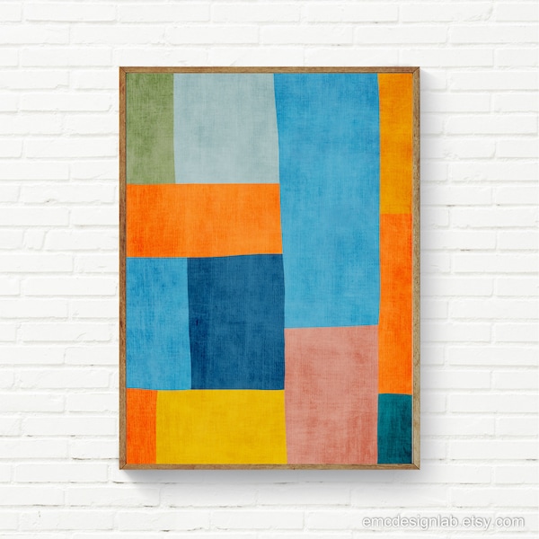 Colorful Modern Patchwork Wall Art for Living Room Multicolored Art Print in Modern Orange Blue Green Yellow Tones