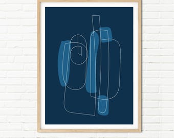 Minimalist Line Art, Navy Blue Wall Art Decor, Original Art, Digital Art, Navy Blue Home Decor, Large Size Print