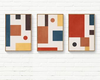Geometric Mid-Century Wall Art Set of 3, Minimalist Set Geometric Modern Wall Art, Modern Art Prints