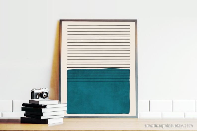 Dark Teal Modern Minimalist Artwork Framed Canvas Wall Art Black Lines ...