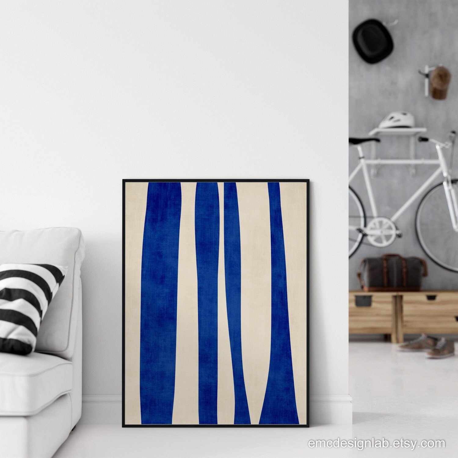 Dunkelblaues minimalistisches abstraktes Linien Kunstwerk Kobaltblau Dekor