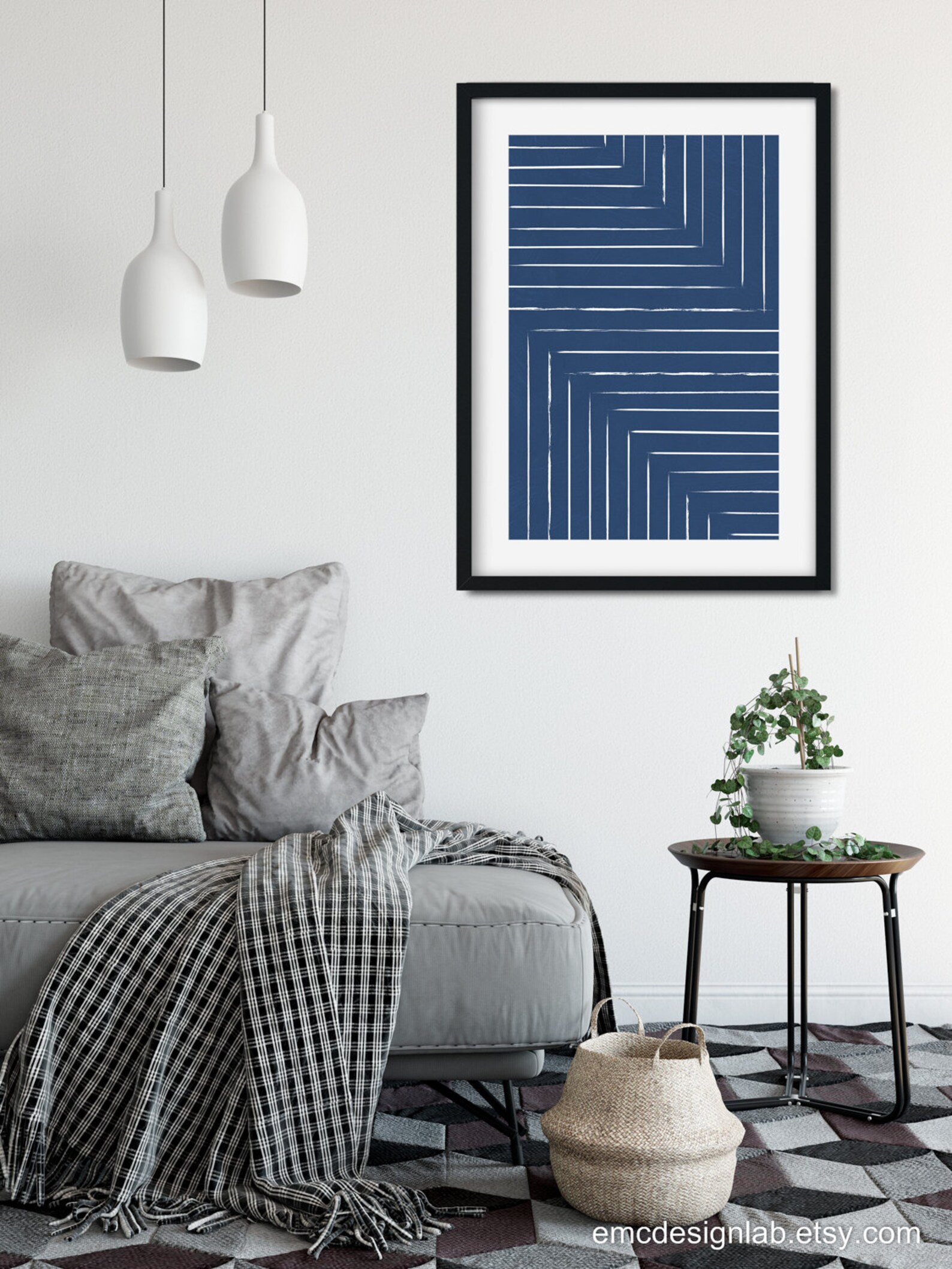 Blue & White Living Room Wall Art Minimalist Navy and White | Etsy