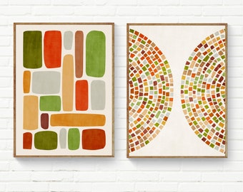 Warm Earth Tone Abstract Set of 2 Prints— Green Red Yellow Living Room Gallery Wall
