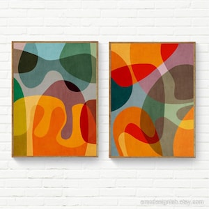Conjunto de 2 impresiones abstractas y coloridas modernas, arte mural moderno de mediados de siglo, conjunto de 2, arte mural original y colorido.