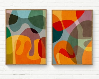 Abstrakte Bunte Moderne 2er Set Prints, Mid-Century Moderne Wand Kunst 2er Set, Original Bunte Wandkunst