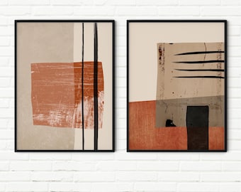 Set of 2 Modern Abstract Art Prints, Black Stripes Beige Burnt Orange Canvas Art