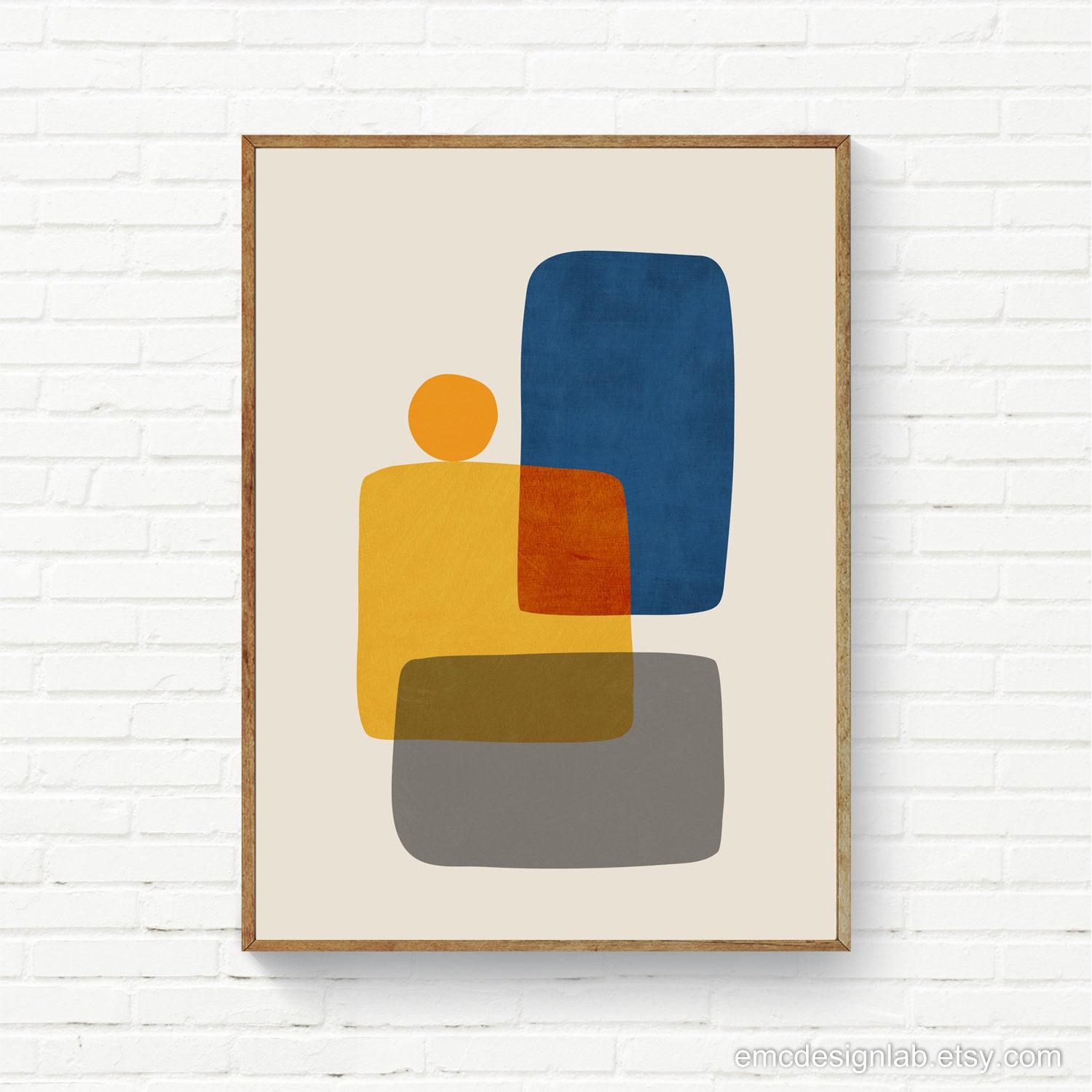 Set of 3 Abstract Modern Wall Art, Indigo Blue Mustard Yellow Gray ...