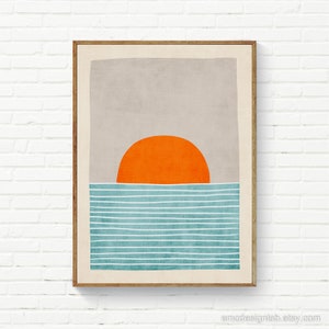 Sunset Seascape Orange Sun Minimal Artwork / Orange Blue Turquoise White Beige Wall Art / Minimalist Landscape / Modern Sunset Wall Art