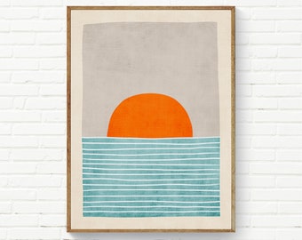 Sunset Seascape Orange Sun Minimal Artwork / Orange Blue Turquoise White Beige Wall Art / Minimalist Landscape / Modern Sunset Wall Art