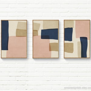 Organic Shapes Blush Navy Beige Wall Art, Set of 3 Abstract Prints, Living Room Tryptic, Original Abstract Print Set